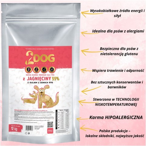 2DOG Monoproteinowa sucha karma dla psa Jagnięcina z olejem z dzikich ryb 12 kg
